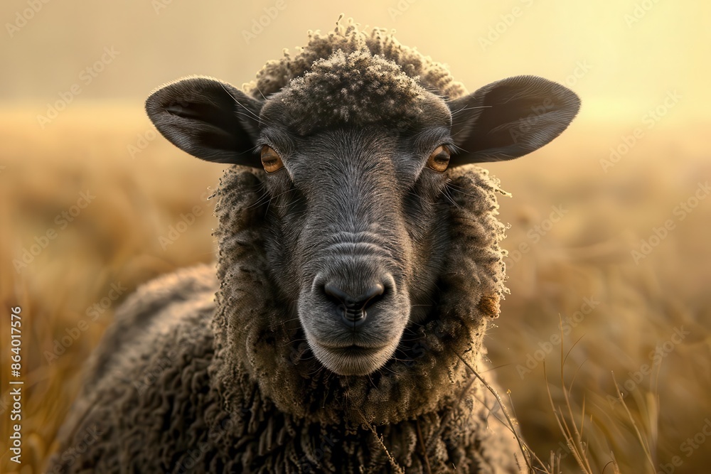 photorealistic closeup of a black sheep with textured wool standing in a misty meadow at dawn soft golden light highlighting its features photorealistic closeup of a black sheep with textured wool standing in a misty meadow at dawn soft golden light highlighting its features