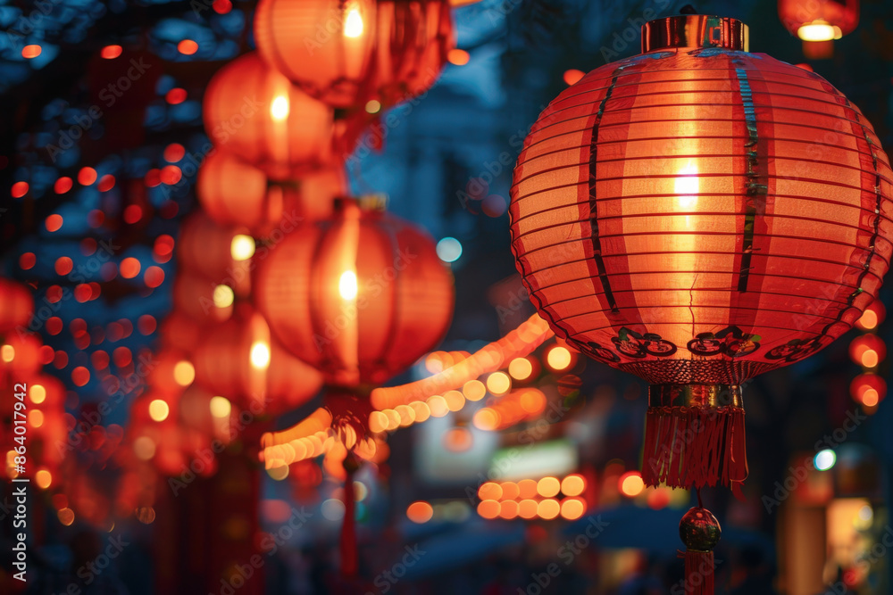 Red chinese paper lanterns glowing at twilight during mid-autumn festival celebration in asia Red chinese paper lanterns glowing at twilight during mid-autumn festival celebration in asia