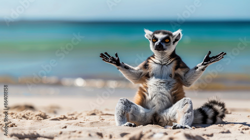 Ring-tailed lemur relaxing on the beach. Sea coast, bright sun, summer photo