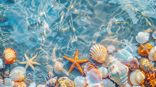 Fototapeta Naklejka Na Ścianę i Meble -  Starfish and sea shells in sea water on the beach. Summer. Relax