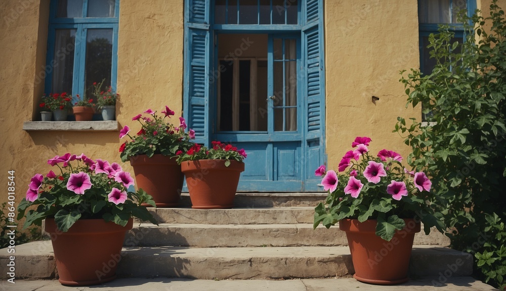 Fototapeta premium Colorful flowers in pots near blue window and steps