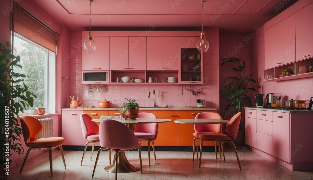 Modern pink kitchen with stylish furniture and decor. Modern pink kitchen with stylish furniture and decor.