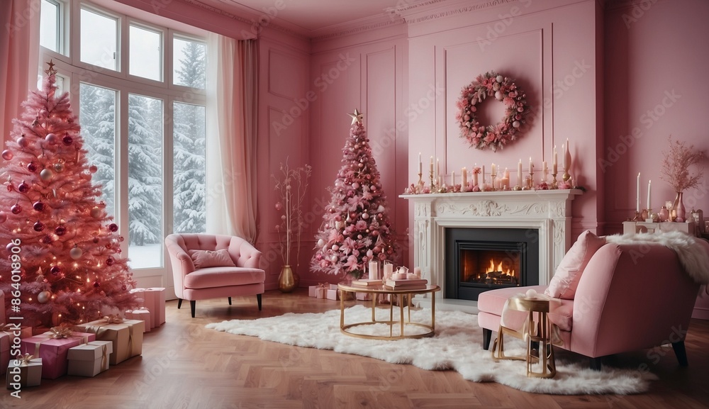 Fototapeta premium Pink-themed living room with two beautifully. decorated Christmas trees.
