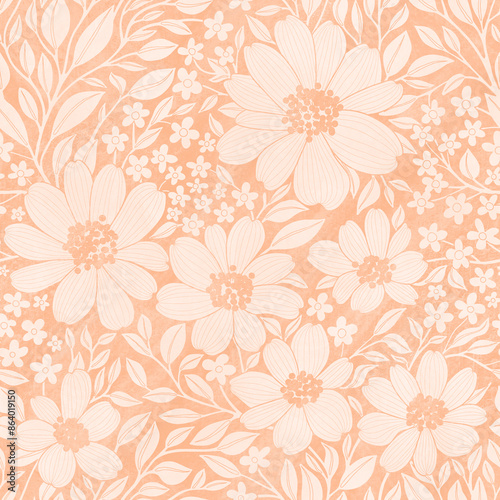 Wallpaper Mural Floral Seamless Pattern ofPastel Peach Flowers and Leaves with Texture, Great for Textiles, Surfaces, Wallpapers, Wrapping Papers, Fabrics, Prints, Package Design, Fashion, Beauty Products Torontodigital.ca