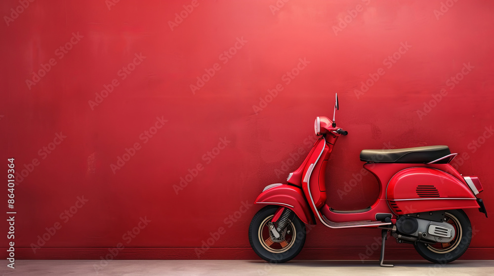 Fototapeta premium Red vintage scooter against red wall,