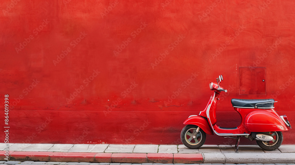 Fototapeta premium Red vintage scooter against red wall,