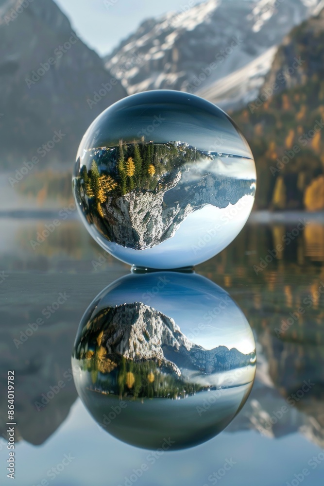 A crystal ball reflecting an inverted natural landscape, symbolizing seeing ideas from different perspectives 