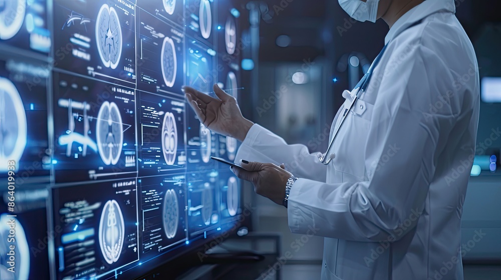 Doctor Analyzing Brain Scans on Digital Screens in High-Tech Medical Facility Doctor Analyzing Brain Scans on Digital Screens in High-Tech Medical Facility