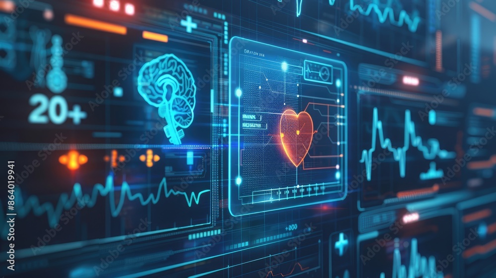 Futuristic Digital Health Interface with Brain and Heart Monitoring on High-Tech Screens Futuristic Digital Health Interface with Brain and Heart Monitoring on High-Tech Screens