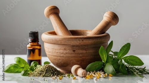 mortar and pestle with herbs