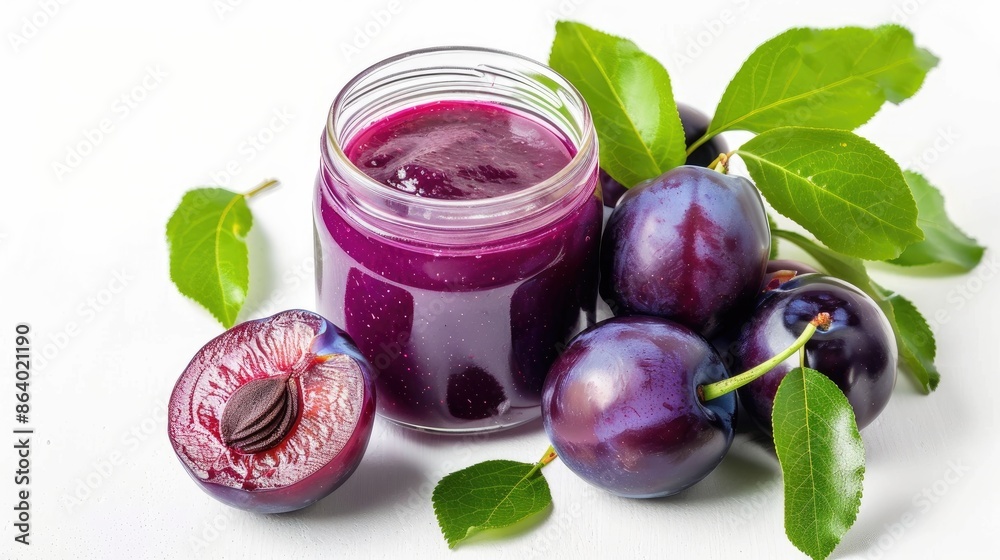 Plum puree jar with fresh plum on toy train on white background focused