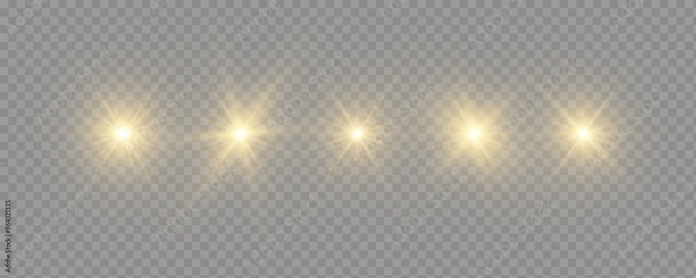Flare with golden rays of light and magic sparkles. Bright Star. Abstract golden rays will raise. Transparent glitter gradient gloss, bright flash. Gold shining sun with transparent rays. Vector.