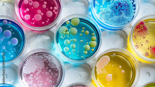 Colorful microbial cultures in various petri dishes in a laboratory