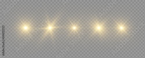 Flare with golden rays of light and magic sparkles. Bright Star. Abstract golden rays will raise. Transparent glitter gradient gloss, bright flash. Gold shining sun with transparent rays. Vector.