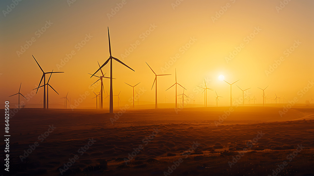 A field of wind turbines with the sun setting in the background A field of wind turbines with the sun setting in the background