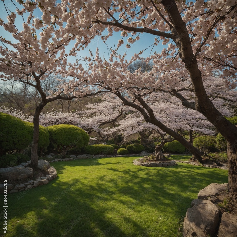 A serene garden with blooming cherry blossoms.
A serene garden with blooming cherry blossoms.