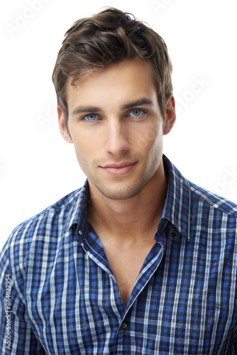 handsome young man in blue shirt