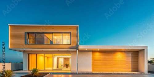 Modern House with Wood Siding and Large Windows at Dusk