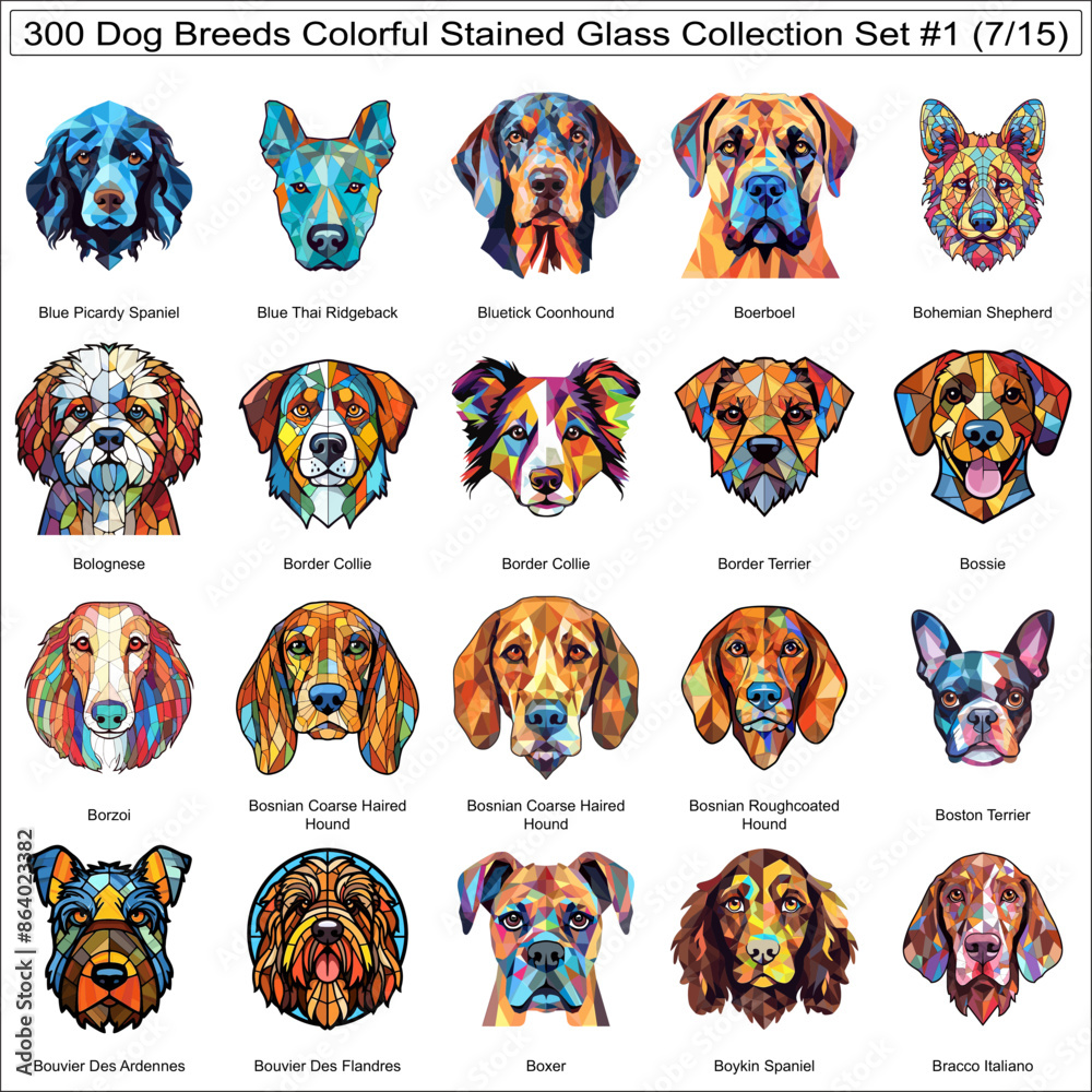 Colorful Dog Breeds Stained Glass Cute Dogs Bundle Collection Set #1 of ...
