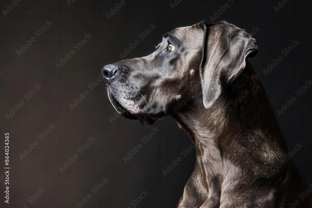 a noble great dane sitting regally against a dark background its sleek coat shimmers in dramatic side lighting emphasizing its powerful build and gentle eyes a regal pose exudes dignity a noble great dane sitting regally against a dark background its sleek coat shimmers in dramatic side lighting emphasizing its powerful build and gentle eyes a regal pose exudes dignity