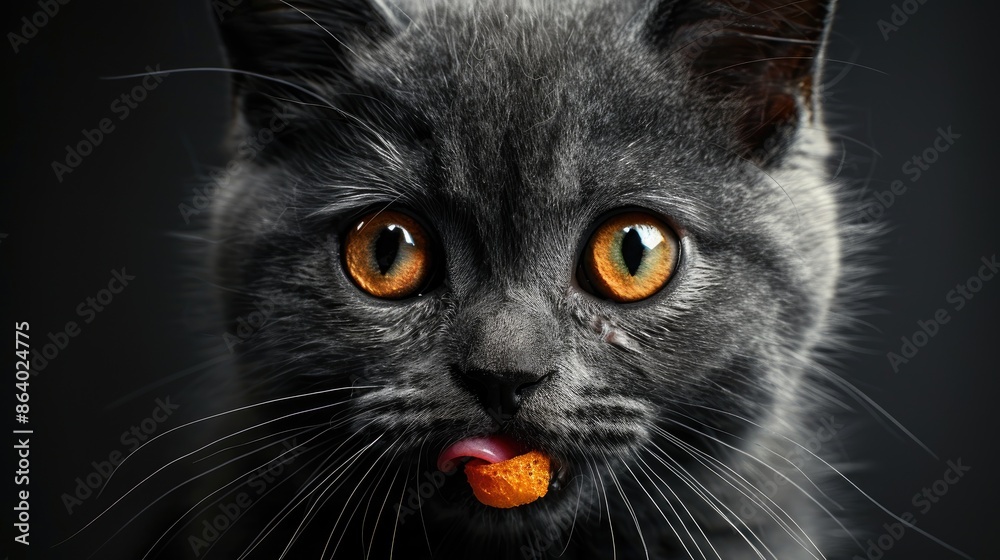 Portrait of a 9 month old British Shorthair cat with yellow green eyes licking its lips and staring at a snack Portrait of a 9 month old British Shorthair cat with yellow green eyes licking its lips and staring at a snack