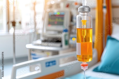 Close-up of an IV drip in a hospital room with medical equipment in the background, showing a healthcare setting.