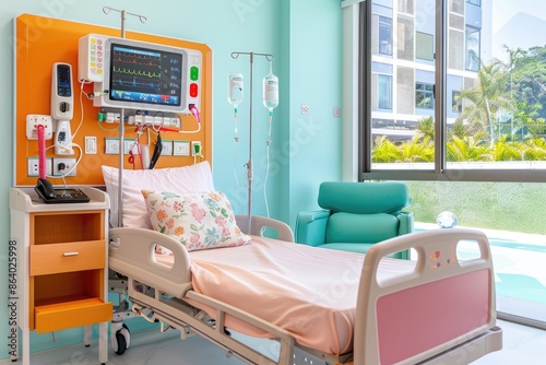 Bright and modern hospital room with patient bed, medical equipment, and large windows letting in natural light, creating a calming atmosphere.
