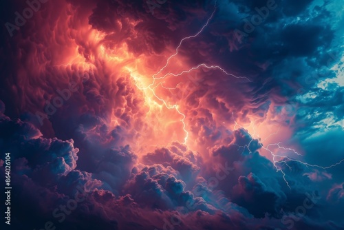 Vivid Lightning Strikes Through Colorful Storm Clouds