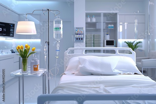 Modern hospital room with clean, bright decor, empty bed, IV drip, and flowers, representing healthcare and medical environment.