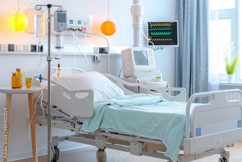 Modern hospital room with medical equipment, a hospital bed with clean sheets, and monitors. Bright and well-organized healthcare environment.