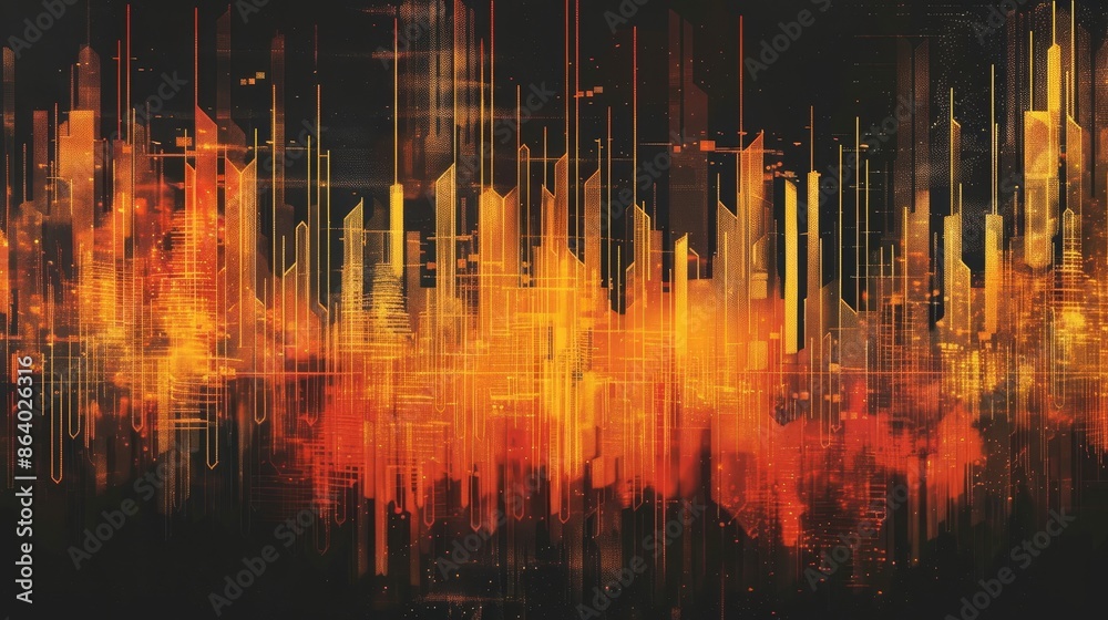 Vertical bars in shades of orange, yellow, and gold resembling a city skyline, dark background, digital heartbeat monitor effect Vertical bars in shades of orange, yellow, and gold resembling a city skyline, dark background, digital heartbeat monitor effect