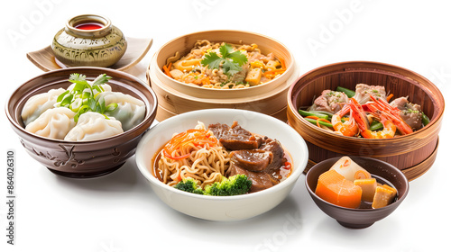 asian food in bowls isolated on white background, detailed, png
