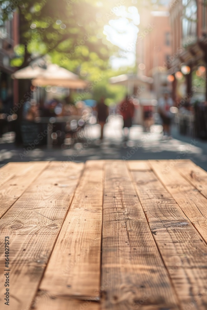 A wooden table in the foreground with a blurred background of an urban street cafe. The background features outdoor seating, pedestrians walking by, street art on nearby buildings. A wooden table in the foreground with a blurred background of an urban street cafe. The background features outdoor seating, pedestrians walking by, street art on nearby buildings.