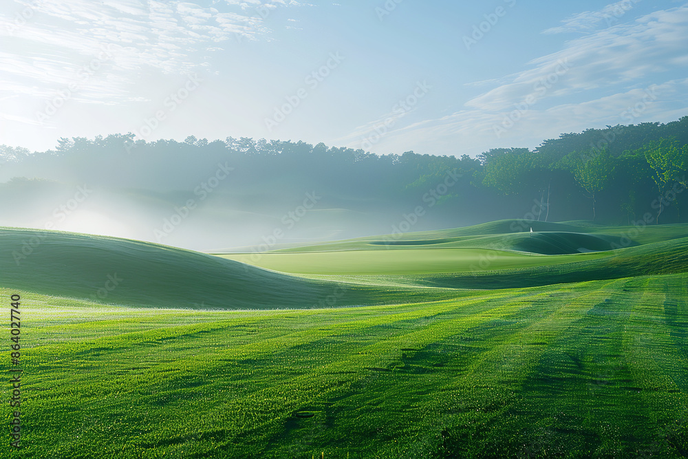 Naklejka premium Pristine Golf Course with Morning Dew on Gentle Hills 