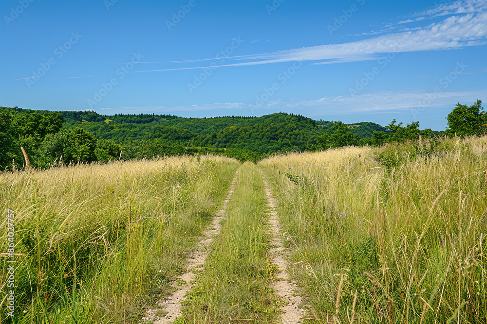 Fototapeta premium Narrow Path through Tall Wild Grass Leading to Forest 