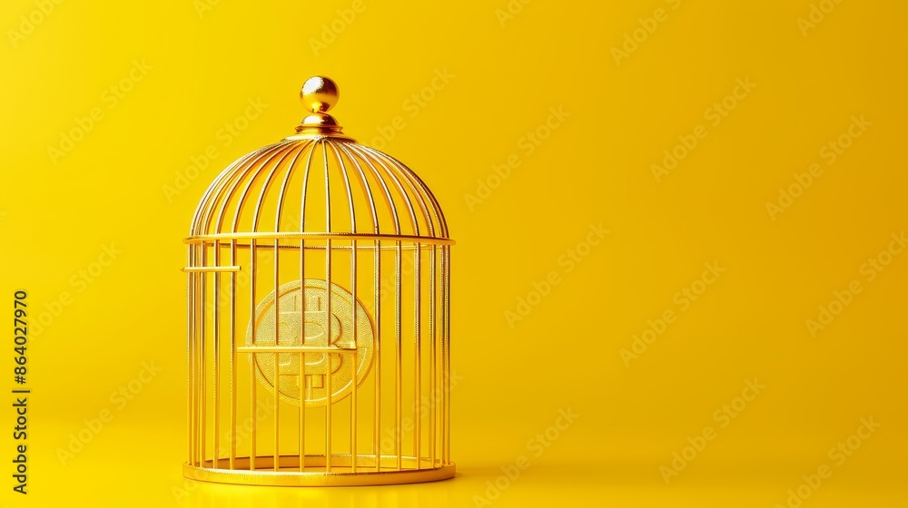 golden bitcoin coin trapped inside a bird cage on yellow background. golden bitcoin coin trapped inside a bird cage on yellow background.