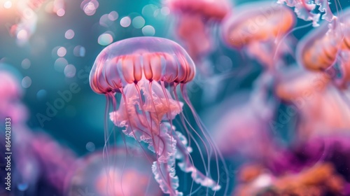 Jellyfish is swimming in the water with blue background. Colorful jellyfish are moving under the sea