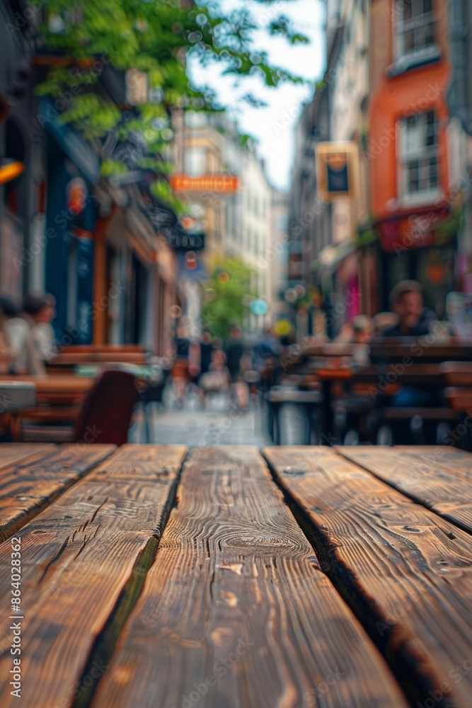 Fototapeta premium A wooden table in the foreground with a blurred background of an urban street cafe. The background features outdoor seating, pedestrians walking by, street art on nearby buildings.
