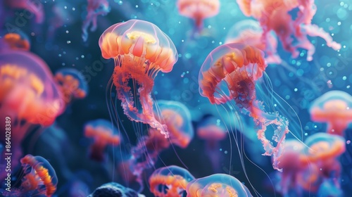 Jellyfish is swimming in the water with blue background. Colorful jellyfish are moving under the sea