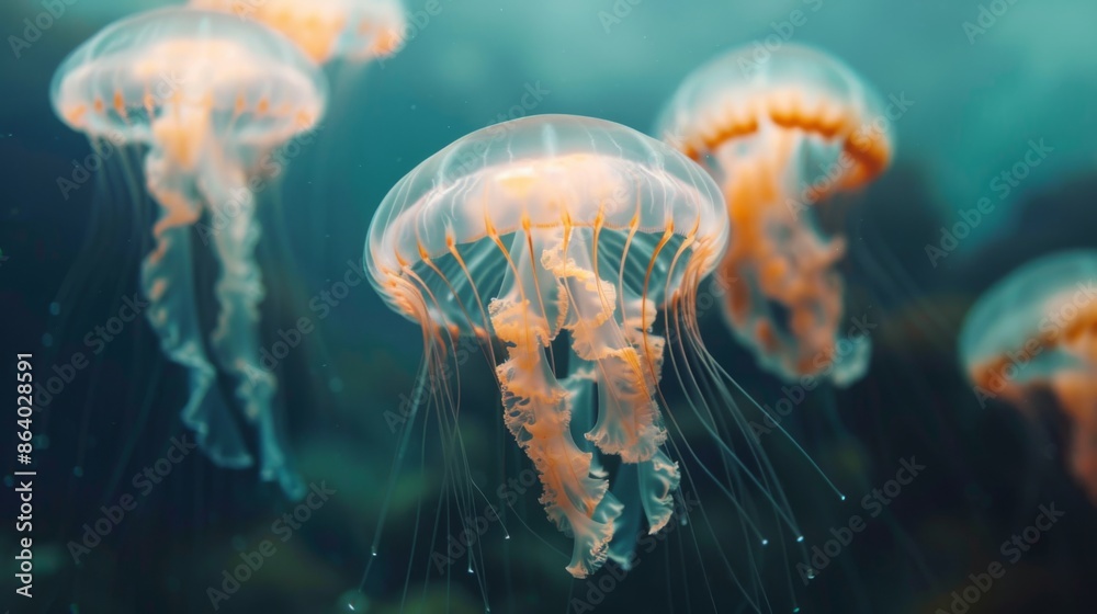 Naklejka premium Jellyfish is swimming in the water with blue background. Colorful jellyfish are moving under the sea