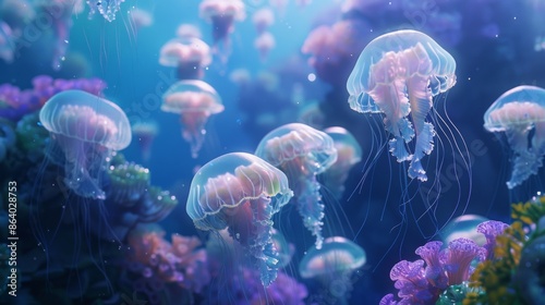 Jellyfish is swimming in the water with blue background. Colorful jellyfish are moving under the sea