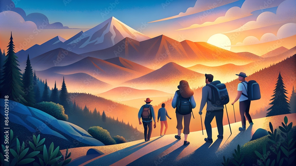 Fototapeta premium Group of People Hiking in the Mountains at Sunset