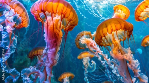 Jellyfish is swimming in the water with blue background. Colorful jellyfish are moving under the sea