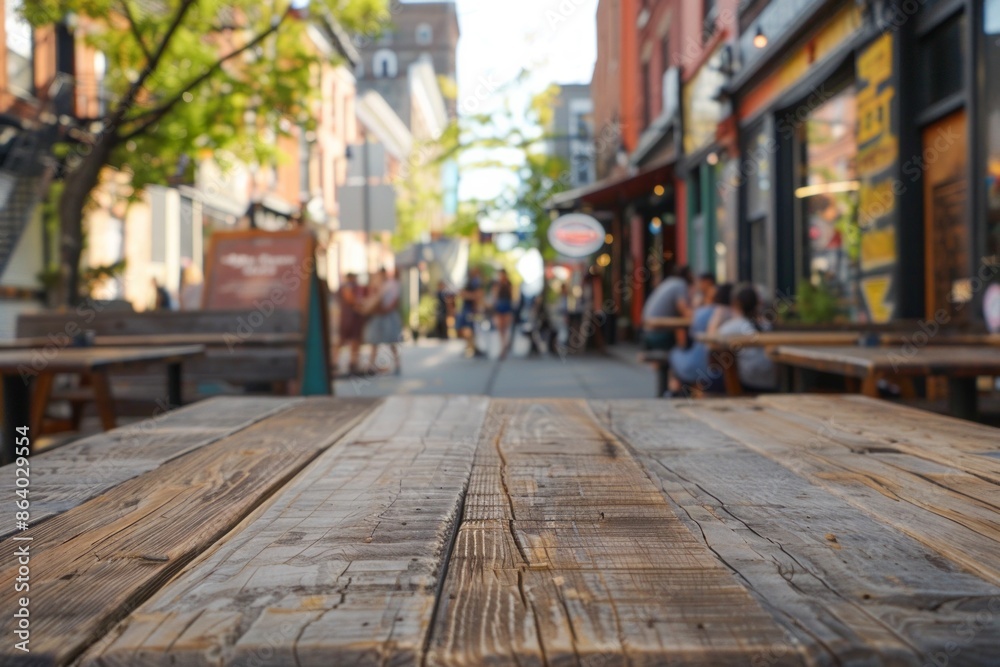 Fototapeta premium A wooden table in the foreground with a blurred background of an urban street cafe. The background features outdoor seating, pedestrians walking by, street art on nearby buildings.