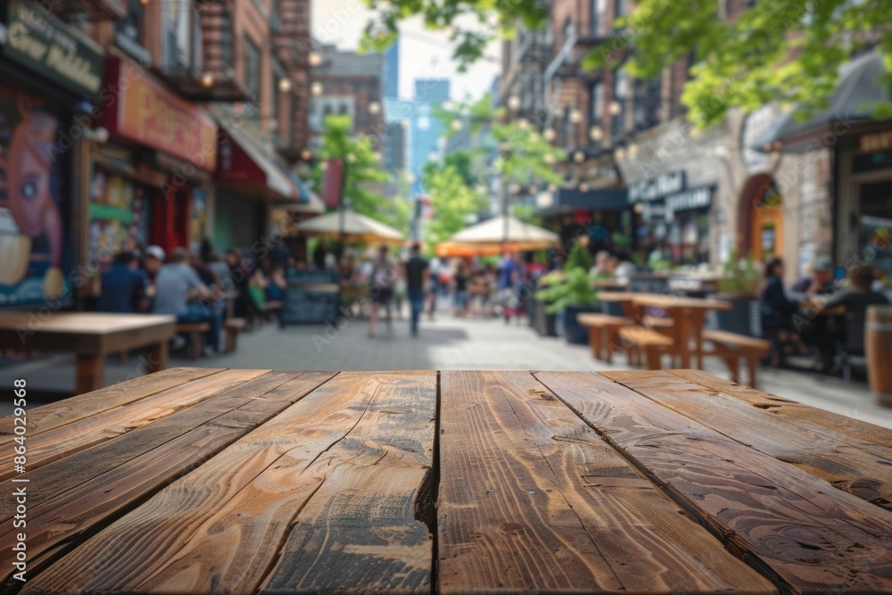 Fototapeta premium A wooden table in the foreground with a blurred background of an urban street cafe. The background features outdoor seating, pedestrians walking by, street art on nearby buildings.