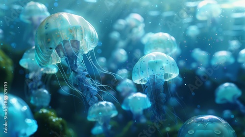 Jellyfish is swimming in the water with blue background. Colorful jellyfish are moving under the sea