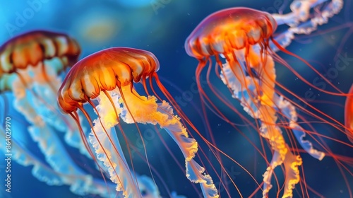 Jellyfish is swimming in the water with blue background. Colorful jellyfish are moving under the sea