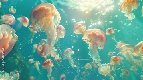 Jellyfish is swimming in the water with blue background. Colorful jellyfish are moving under the sea