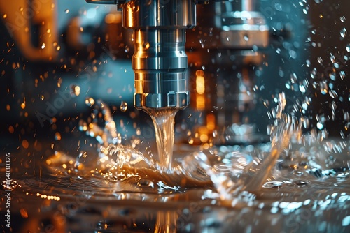 Closeup Working CNC turning cutting metal Industry machine iron tools with splash water