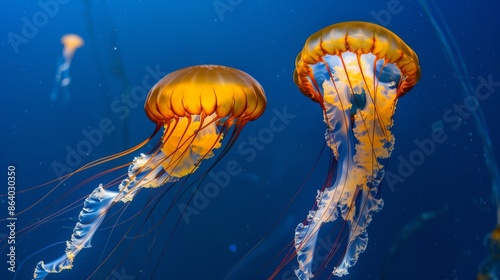 Jellyfish is swimming in the water with blue background. Colorful jellyfish are moving under the sea
